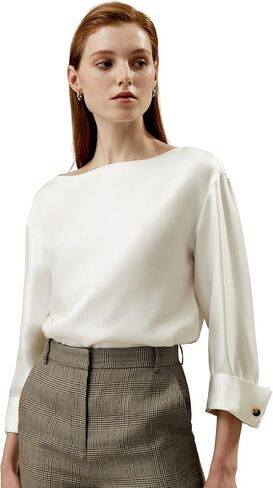 قميص LilySilk للسيدات من الحرير الخالص، بلوزة حريرية من نسيج التويل مع رقبة على شكل قارب وأكمام ثلاثة أرباع للعمل وكاجوال in Kuwait