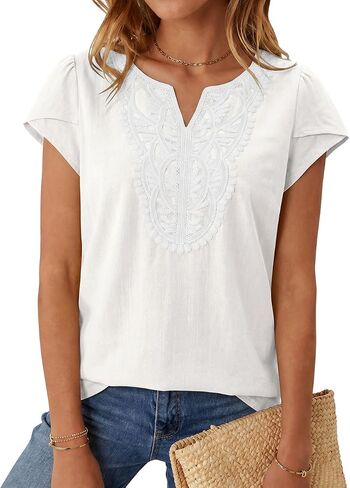 TARSE Women’s Linen Cap Sleeve Tops Boho Blouses Lace V Neck Casual T Shirts Summer 2026 Trendy in Saudi Arabia