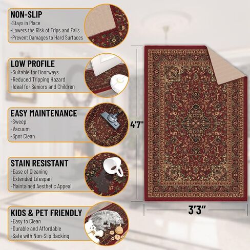 Ottomanson 3'3" x 4'7" Rugs for Living Room Oriental Area Rug for Bedroom - Non Slip Durable Large Floor Carpet for High Traffic Areas - Indoor Rug for Dining Room Kitchen Kids Playroom, Red in Kuwait