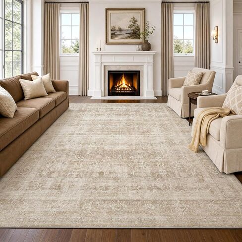 Beauoop 8x10 Washable Area Rug Beige Vintage Distressed Neutral Oriental Large for Living Room Cream Indoor Soft Traditional Retro Non Slip Low Pile Rug for Bedroom Dining Room Kitchen Office Nursery in Saudi Arabia