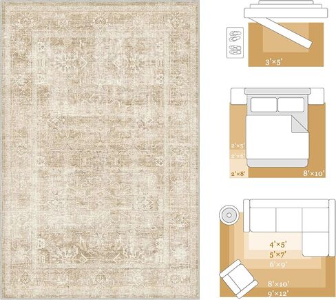 Beauoop 8x10 Washable Area Rug Beige Vintage Distressed Neutral Oriental Large for Living Room Cream Indoor Soft Traditional Retro Non Slip Low Pile Rug for Bedroom Dining Room Kitchen Office Nursery in Saudi Arabia