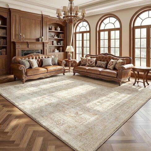 Beauoop 8x10 Washable Area Rug Beige Vintage Distressed Neutral Oriental Large for Living Room Cream Indoor Soft Traditional Retro Non Slip Low Pile Rug for Bedroom Dining Room Kitchen Office Nursery in Saudi Arabia