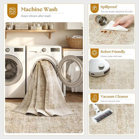 Beauoop 8x10 Washable Area Rug Beige Vintage Distressed Neutral Oriental Large for Living Room Cream Indoor Soft Traditional Retro Non Slip Low Pile Rug for Bedroom Dining Room Kitchen Office Nursery in Saudi Arabia