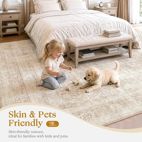 Beauoop 8x10 Washable Area Rug Beige Vintage Distressed Neutral Oriental Large for Living Room Cream Indoor Soft Traditional Retro Non Slip Low Pile Rug for Bedroom Dining Room Kitchen Office Nursery in Saudi Arabia