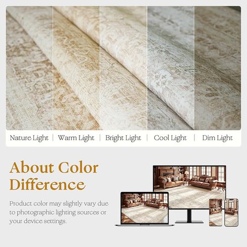 Beauoop 8x10 Washable Area Rug Beige Vintage Distressed Neutral Oriental Large for Living Room Cream Indoor Soft Traditional Retro Non Slip Low Pile Rug for Bedroom Dining Room Kitchen Office Nursery in Saudi Arabia