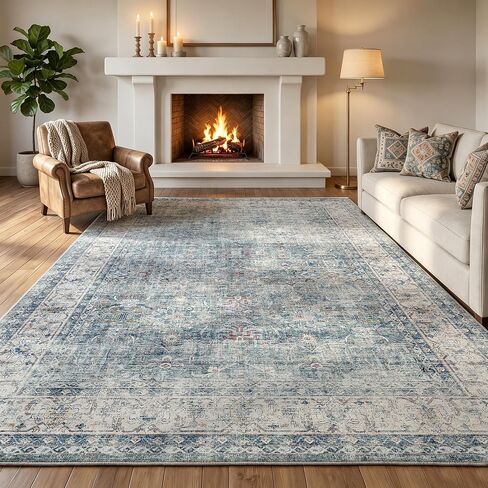 Beauoop 8x10 Washable Area Rug Beige Vintage Distressed Neutral Oriental Large for Living Room Cream Indoor Soft Traditional Retro Non Slip Low Pile Rug for Bedroom Dining Room Kitchen Office Nursery in Saudi Arabia