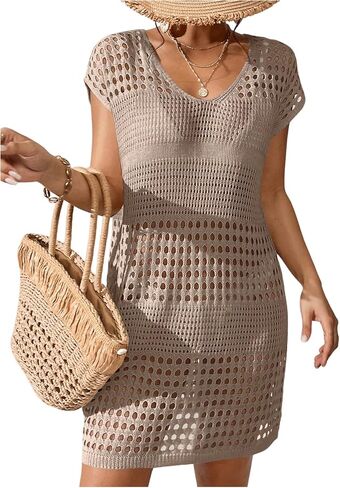 SHENHE Women's Crochet swimsuit Cover Up V Neck Hollow Out Short Sleeve Beach Dress Coverups in Kuwait