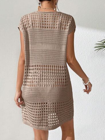 SHENHE Women's Crochet swimsuit Cover Up V Neck Hollow Out Short Sleeve Beach Dress Coverups in Kuwait
