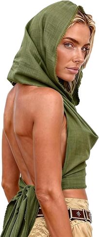 Women’s 100% Cotton Swimsuit Cover Up, Boho Backless Halter Crop Top, Raw Edge Cross Wrap Beach Tank Top in Saudi Arabia