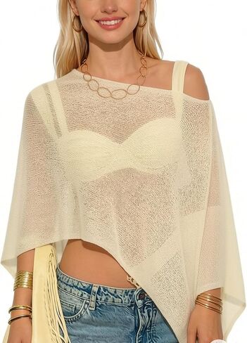 Women Sheer Poncho Top Lightweight Knit Crochet Shrug Bolero Mesh Batwing Shrug Sweater Cover Up Beachwear in Saudi Arabia