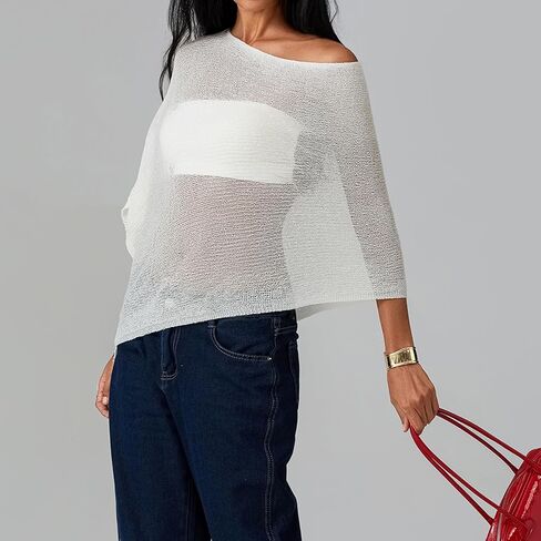 Women Sheer Poncho Top Lightweight Knit Crochet Shrug Bolero Mesh Batwing Shrug Sweater Cover Up Beachwear in Saudi Arabia