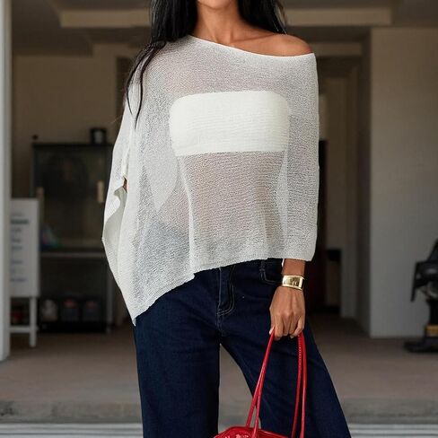Women Sheer Poncho Top Lightweight Knit Crochet Shrug Bolero Mesh Batwing Shrug Sweater Cover Up Beachwear in Saudi Arabia