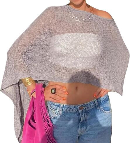 Women Sheer Poncho Top Lightweight Knit Crochet Shrug Bolero Mesh Batwing Shrug Sweater Cover Up Beachwear in Saudi Arabia