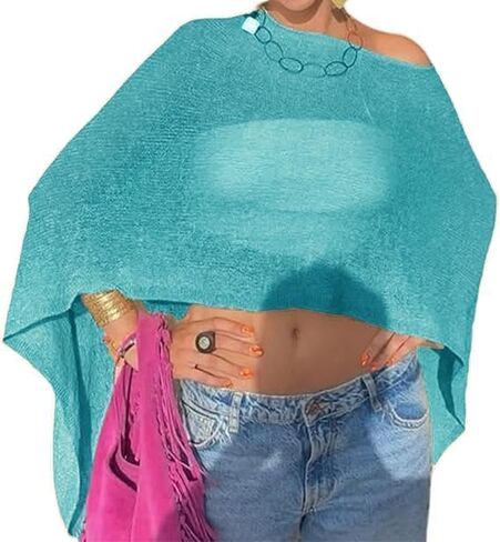 Women Sheer Poncho Top Lightweight Knit Crochet Shrug Bolero Mesh Batwing Shrug Sweater Cover Up Beachwear in Saudi Arabia