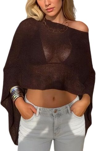 Women Sheer Poncho Top Lightweight Knit Crochet Shrug Bolero Mesh Batwing Shrug Sweater Cover Up Beachwear in Saudi Arabia