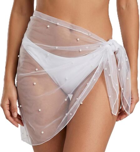 Women's Sarong Wraps for Women Short Sheer Beach Swimsuit Cover Up Skirt Bachelorette Outfits Mesh Beach Sarong Pearl Bathing Suit Wrap Skirt for Bride Swimwear White in Kuwait