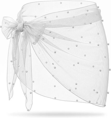Women's Sarong Wraps for Women Short Sheer Beach Swimsuit Cover Up Skirt Bachelorette Outfits Mesh Beach Sarong Pearl Bathing Suit Wrap Skirt for Bride Swimwear White in Kuwait