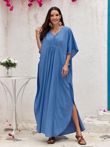 Women Kaftan Dresses Plus Size V-Neck Batwing Sleeves Beach Cover Up Floral Print Mumu Dress in Kuwait