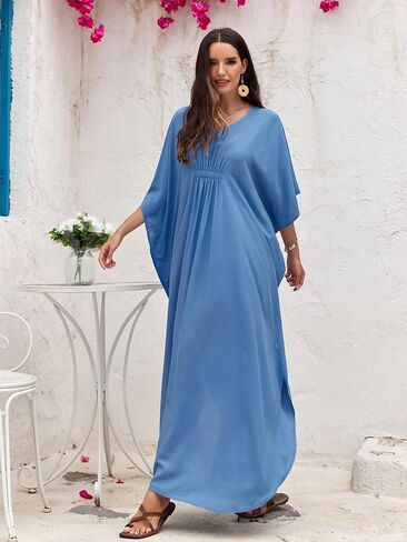 Women Kaftan Dresses Plus Size V-Neck Batwing Sleeves Beach Cover Up Floral Print Mumu Dress in Kuwait