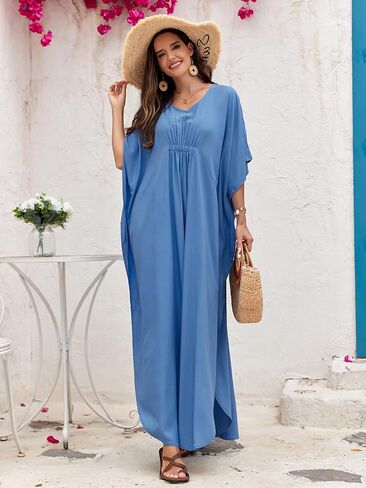 Women Kaftan Dresses Plus Size V-Neck Batwing Sleeves Beach Cover Up Floral Print Mumu Dress in Kuwait