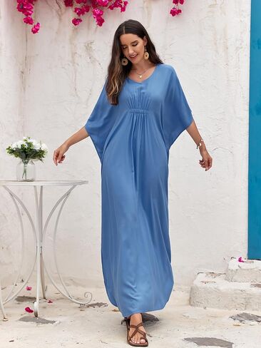 Women Kaftan Dresses Plus Size V-Neck Batwing Sleeves Beach Cover Up Floral Print Mumu Dress in Kuwait