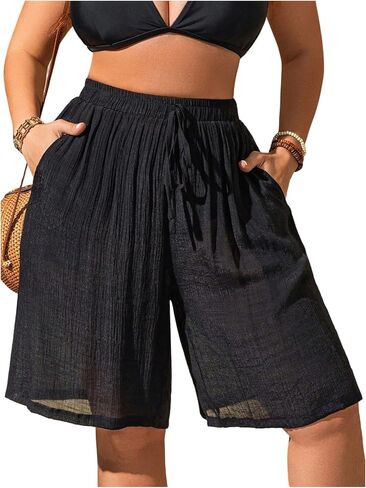 SweatyRocks Women's Plus Size Sheer Mesh Swimsuit Cover Up Drawstring Elastic Waist Loose Beach Shorts in Saudi Arabia