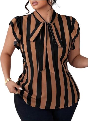 WDIRARA Women's Plus Size Striped Tie Neck Dressy Casual Blouse Ruffle Cap Sleeve Shirts in Kuwait