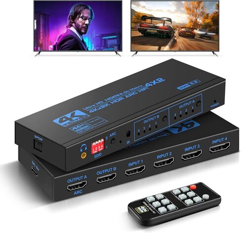 4K@60Hz HDMI Switch Splitter 2 in 4 Out with Remote, avedio links 2x4 HDMI Splitter Switcher 4K with SPDIF & 3.5mm Audio,Support 4K,3D,1080p,HDCP2.2,HDR 10 for PS4,Xbox,Fire Stick,etc in Kuwait