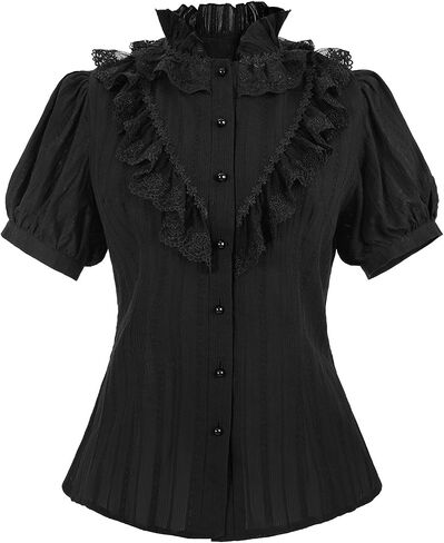LTAKK Victorian Blouse for Women Edwardian Ruffle Shirt Gothic Steampunk Button Down Tops Short Sleeves in Kuwait