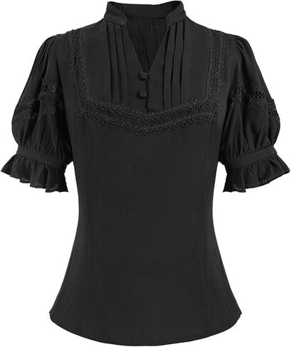 LTAKK Victorian Blouse for Women Edwardian Ruffle Shirt Gothic Steampunk Button Down Tops Short Sleeves in Kuwait