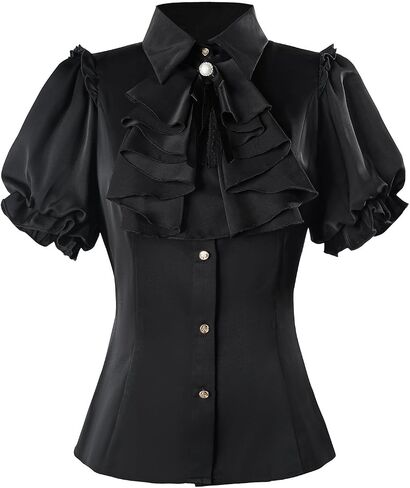 LTAKK Victorian Blouse for Women Edwardian Ruffle Shirt Gothic Steampunk Button Down Tops Short Sleeves in Kuwait