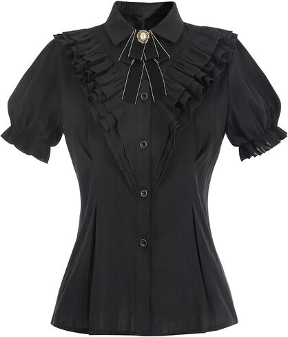 LTAKK Victorian Blouse for Women Edwardian Ruffle Shirt Gothic Steampunk Button Down Tops Short Sleeves in Kuwait