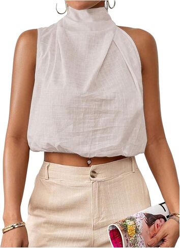 SHENHE Women's High Neck Halter Bubble Top Puffy Hem Keyhole Back Dressy Going Out Crop Top in Kuwait