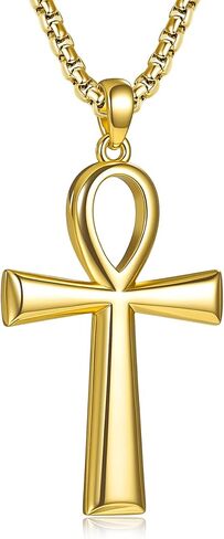 14K Gold Coptic Ankh Cross Necklace, Egyptian Protection Jewelry Gifts for Men with Rolo Chain in Saudi Arabia