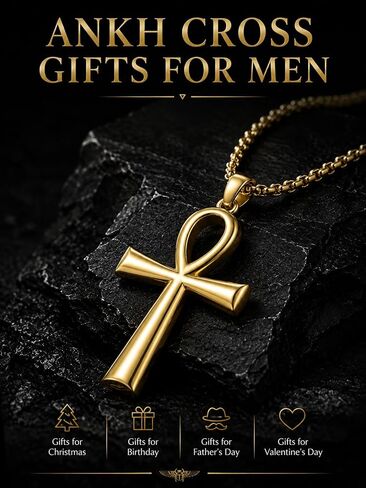 14K Gold Coptic Ankh Cross Necklace, Egyptian Protection Jewelry Gifts for Men with Rolo Chain in Saudi Arabia