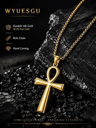 14K Gold Coptic Ankh Cross Necklace, Egyptian Protection Jewelry Gifts for Men with Rolo Chain in Saudi Arabia