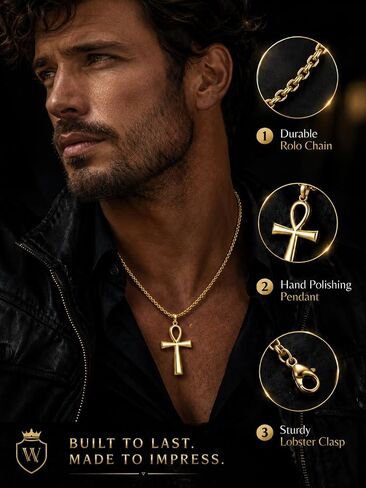 14K Gold Coptic Ankh Cross Necklace, Egyptian Protection Jewelry Gifts for Men with Rolo Chain in Saudi Arabia