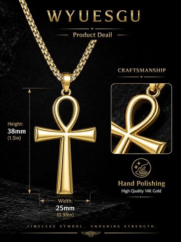14K Gold Coptic Ankh Cross Necklace, Egyptian Protection Jewelry Gifts for Men with Rolo Chain in Saudi Arabia
