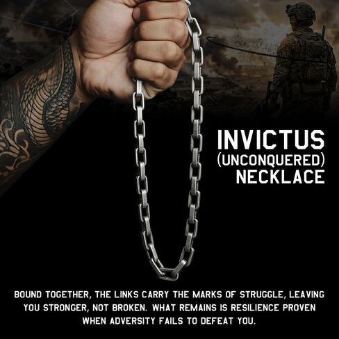 Hero Company Chain Necklace for Men - ‘Invictus Unconquered’ Square Link Stainless Steel Men’s Necklace for Father's Day - Helps Pair Veterans With A Service Dog in Saudi Arabia