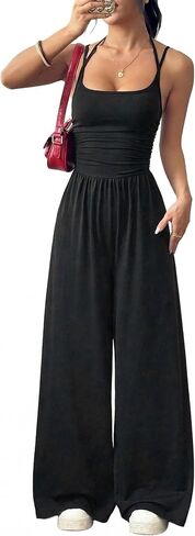 HOMEYEE Women's Jumpsuit Spaghetti Strap One Piece Outfit Summer Wide Leg Baggy Pants Romper with Pockets in Saudi Arabia