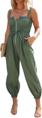SOMTHRON Women's Cargo Jumpsuit Smocked Sleeveless Adjustable Straps Jogger Pants Zip Up Rompers Overalls in Saudi Arabia