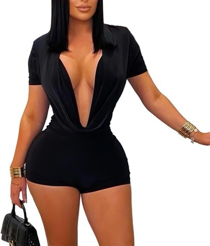Molilove Sexy Romper for Women Short Sleeve Deep V Neck Bodycon Short Jumpsuit One Piece Y2K Party Clubwear in Saudi Arabia