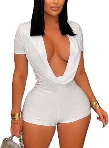 Molilove Sexy Romper for Women Short Sleeve Deep V Neck Bodycon Short Jumpsuit One Piece Y2K Party Clubwear in Saudi Arabia