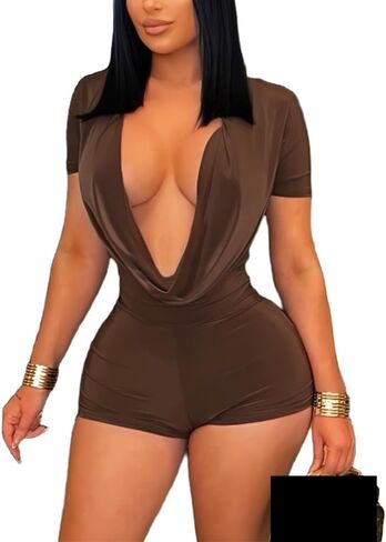 Molilove Sexy Romper for Women Short Sleeve Deep V Neck Bodycon Short Jumpsuit One Piece Y2K Party Clubwear in Saudi Arabia