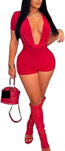 Molilove Sexy Romper for Women Short Sleeve Deep V Neck Bodycon Short Jumpsuit One Piece Y2K Party Clubwear in Saudi Arabia