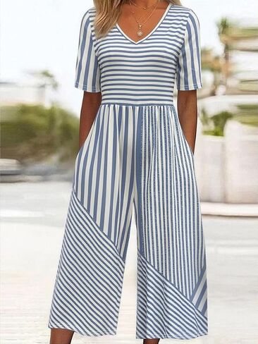 Women's V Neck Short Sleeve Elastic Waist Wide Leg Cropped Jumpsuit Loose Fit Romper with Pockets for Summer Daily Wear in Kuwait