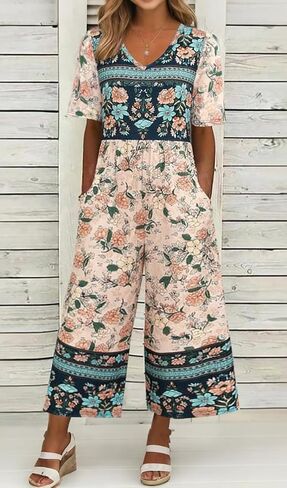 Women's V Neck Short Sleeve Elastic Waist Wide Leg Cropped Jumpsuit Loose Fit Romper with Pockets for Summer Daily Wear in Kuwait