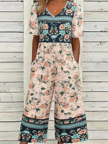 Women's V Neck Short Sleeve Elastic Waist Wide Leg Cropped Jumpsuit Loose Fit Romper with Pockets for Summer Daily Wear in Kuwait