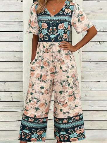 Women's V Neck Short Sleeve Elastic Waist Wide Leg Cropped Jumpsuit Loose Fit Romper with Pockets for Summer Daily Wear in Kuwait