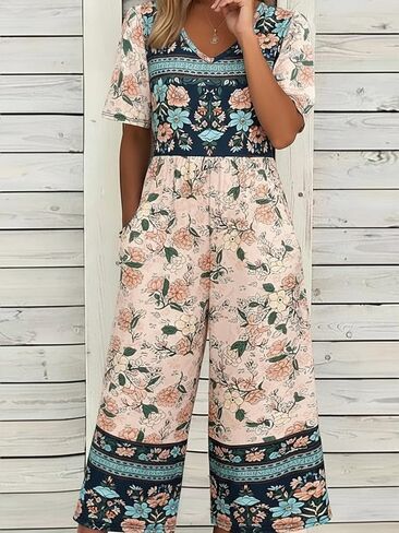 Women's V Neck Short Sleeve Elastic Waist Wide Leg Cropped Jumpsuit Loose Fit Romper with Pockets for Summer Daily Wear in Kuwait